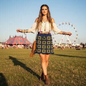 Vintage Handmade Crochet Granny‑Square Skirt • Adjustable Waist • Boho Festival